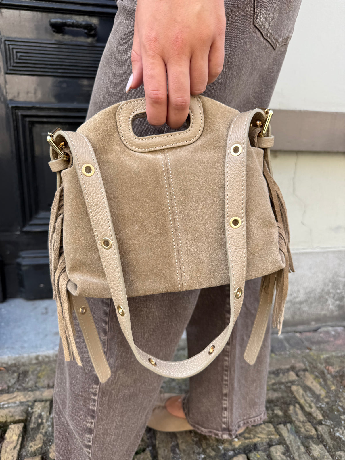 Franjes schoudertas beige suede